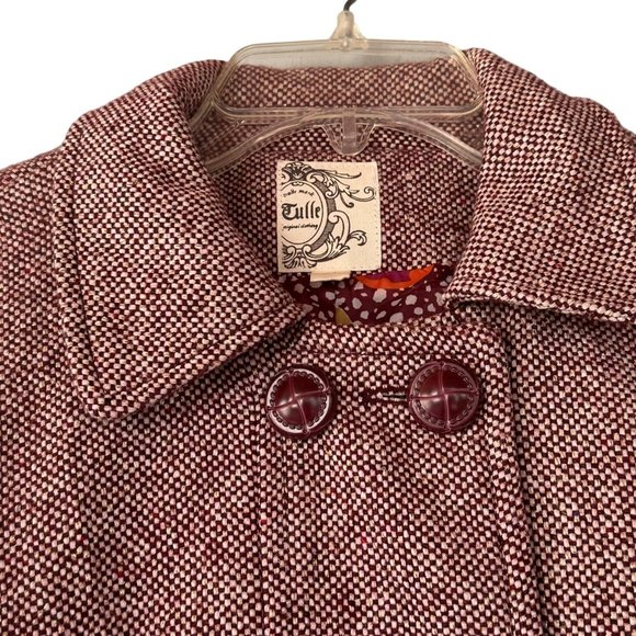 Tulle Y2k Tweed Pea Coat Medium Wool Blend Eggplant Wine Metallic Glimmer - Picture 2 of 13